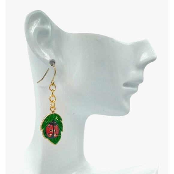 Ladybug Leaf Dangle Earrings – Cute Nature Cottagecore Jewelry - Picture 2 of 4